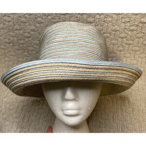 Eric Javits Blue Tan Woven Straw Trilby Sun Hat OS Turn Up Brim Packable Travel